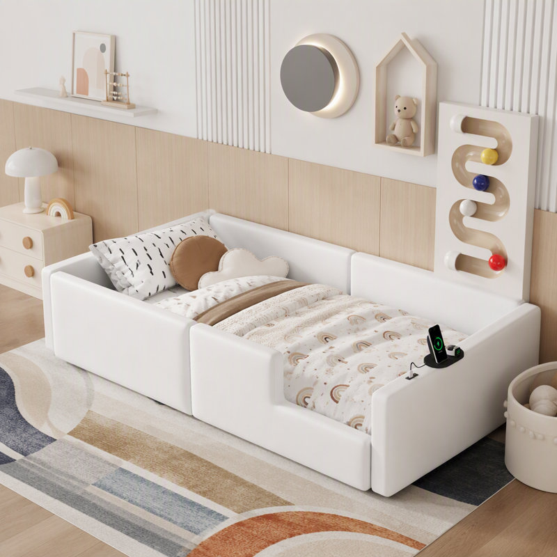 Twin Size Upholstered Platform Bed, White