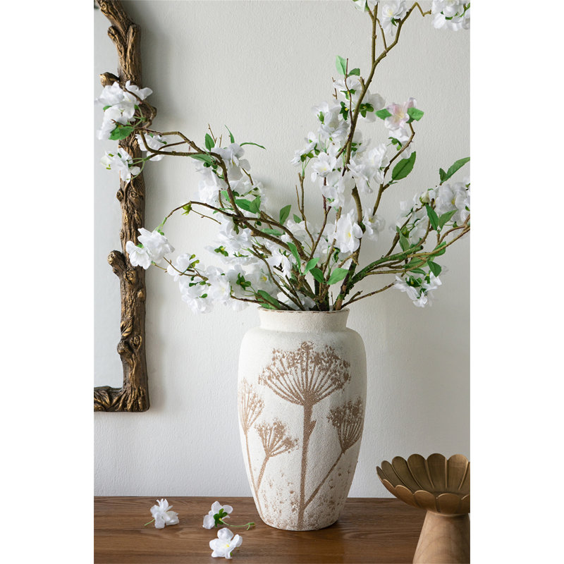 Vase cylindrique en céramique 7,9 x 7,9 x 13,8 po avec motif botanique brun