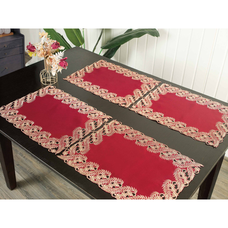 Ferra Luxury Dining Table Placemats for Valentines Placemats– Rectangular Elegant Golden Lace Polyester, Burgundy/Gold
