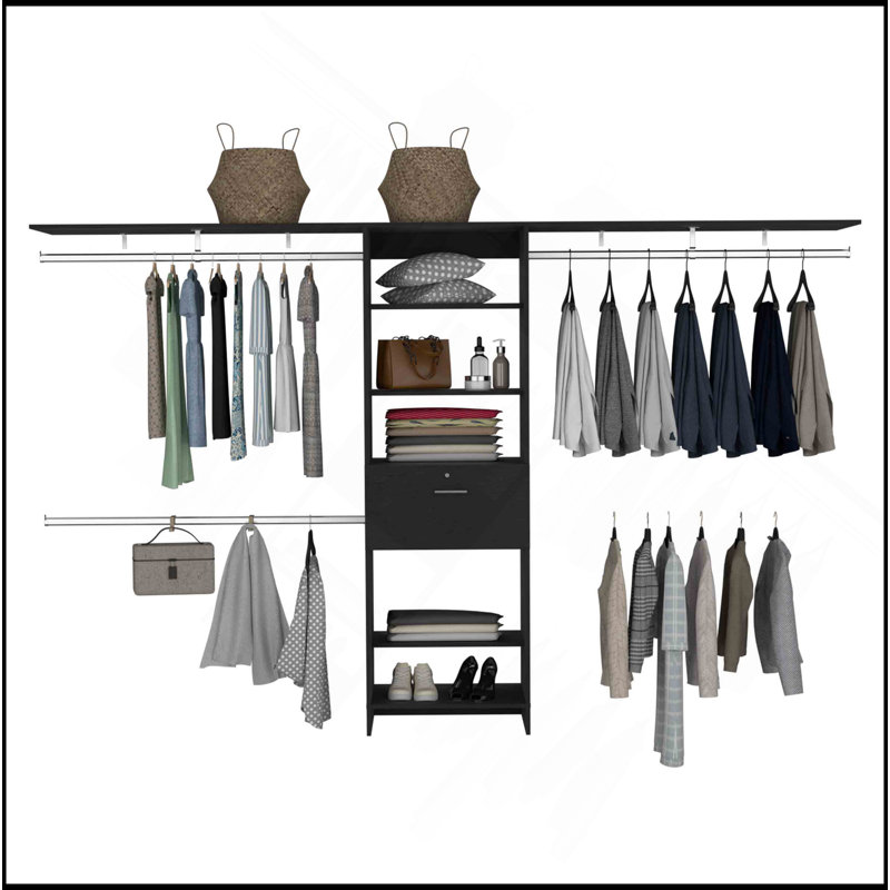 Système de placard l 70 po - l 118 po, trois tringles de suspension, cinq tablettes, un tiroir, noir