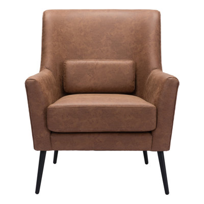  Brown Faux Leather Arm Chair with Toss Pillow