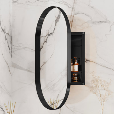 20X34 Inch Oval Recessed Medicine Cabinet With Mirror And Adjustable Shelves, Matte Black Metal Framed Bathroom Wall Cabinet, Fog Recessed, Stylish Option