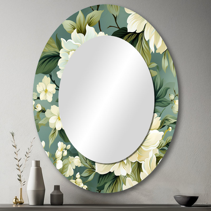 Pivoine beige et vert damas sérénité - miroir mural ovale vert, H 43 po x l 33 po