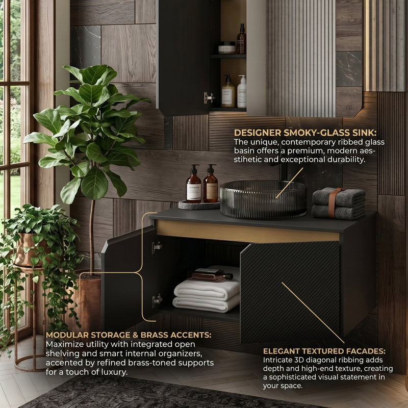30" Modern Floating Vanity With Black Sintered Stone Top, Geometric Twill Doors With Gold Trim & Choice Of 4 Vessel Sinks (Black)