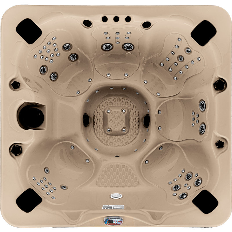 7-Person 100-Jet Premium Bench Spa Standard Hot Tub With Sound System And LED Waterfall, Champagne, Silver Oak