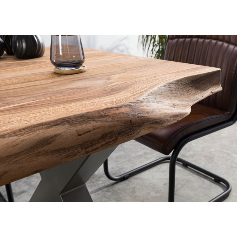 Solid Wood Top Metal Base Dining Table, Nature, Silver, 77 cm H x 140 cm L x 90 cm D