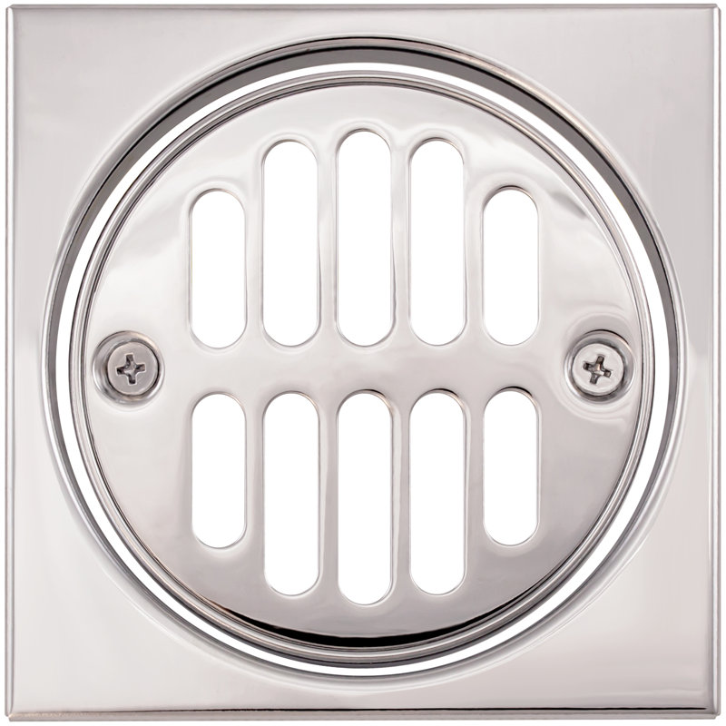 Square Brass Shower Tile with Round Grid Drain Cover and Crown Ring, Polished Chrome