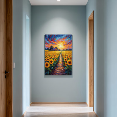 Paysage et nature, champ de tournesols, chemin, coucher de soleil, ciel, grange, arbres