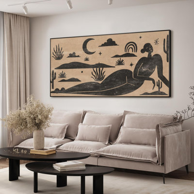 Extra Large Wall Art Fabric Print - Black & Beige Desert Landscape with Cacti and Moon Artwork Decor for Living Room or Bedroom - "Frame Assembly Required (Unfinished Frame)"