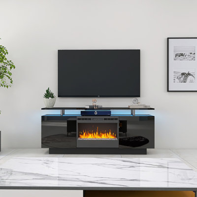 160cm Large Black Tv Cabinet With Fireplace, 9 Color Options, 8 Levels, Storage, Modern For House Living Decoration Settings, Home