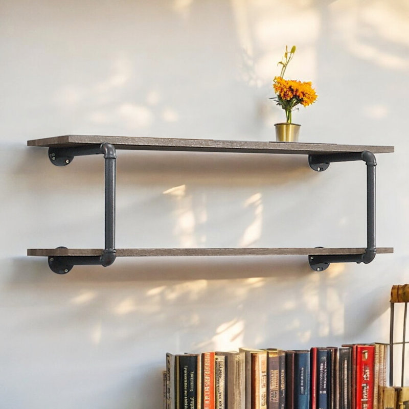 Support de rangement mural en chêne antique et gris sableux pour le rangement - 2 tablettes, structure en métal, look industriel moderne, installation facile, présentoir et rangement polyvalent dans les espaces domestiques, structure en tube, mixte