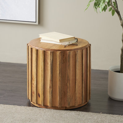 Claree Mango Wood Handmade Concaved Curve Drum Side End Brown Accent Table with Ridges