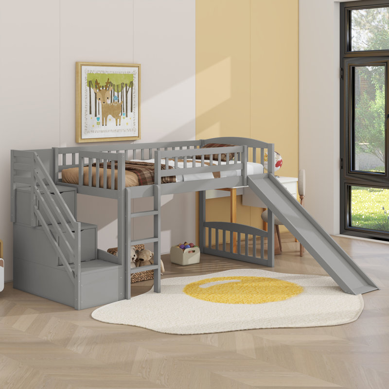 Lit mezzanine simple avec glissière Stairway, Gris