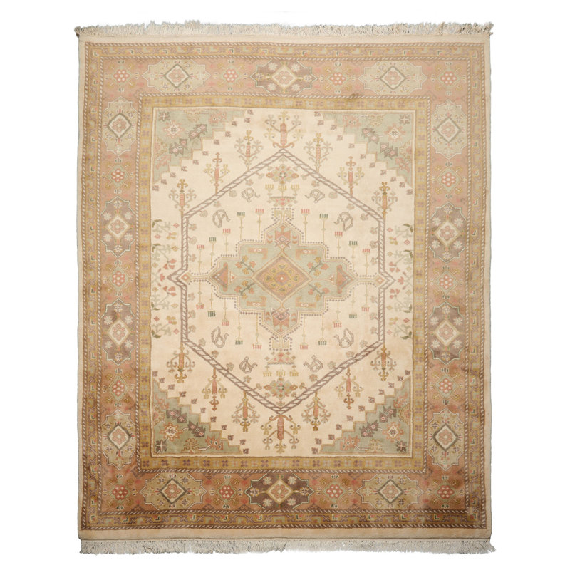 Tapis traditionnel en laine noué à la main ivoire 8 x 10 pi 6 po Heerizzz