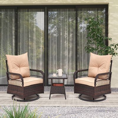 Ensemble de patio 3 pièces avec chaises berçantes pivotantes et table en verre, mobilier d'extérieur en rotin tissé à la main pour porche, balcon et jardin, beige
