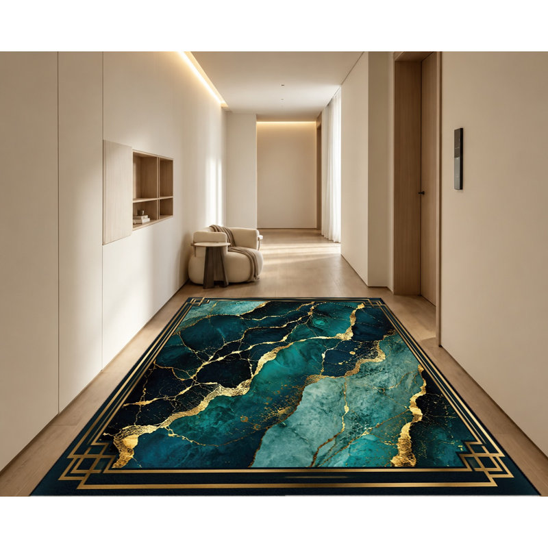 Tapis d'intérieur luxueux en velours artistique effet marbre veiné or émeraude, dos antidérapant, tapis décoratif, élégant élément de décoration pour le salon, la chambre à coucher, l'entrée, la cuisine ou le balcon.