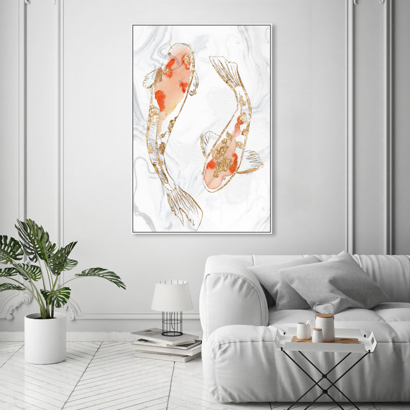 " Two Koi Fish Marble ", White Framed, 54" H x 36" W