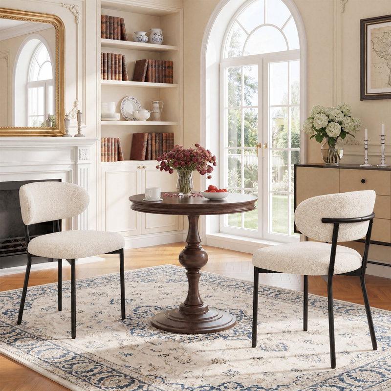 Modern Upholstered Dining Chair, Metal Legs, 2P, Beige Boucle