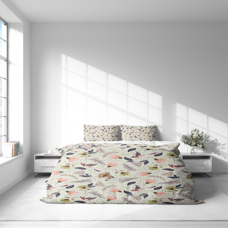 Duvet Cover, Beige/Pink/Green, King Duvet Cover + 2 King Shams