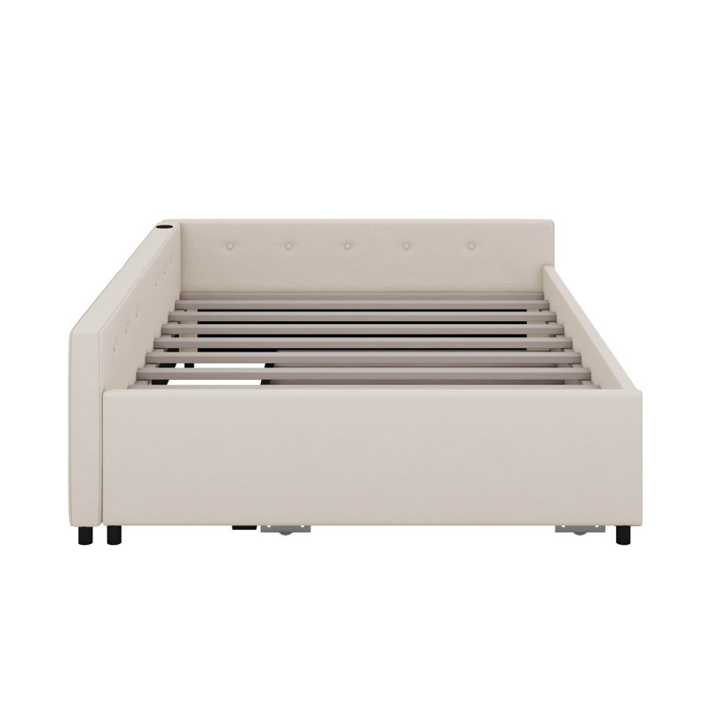 Upholstered Platform Bed with USB and Twin Size Trundle, Full