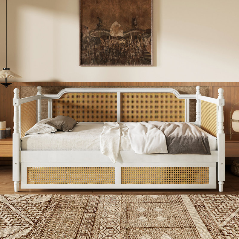 Traditional Style Rattan Daybed With Trundle For Limited Space, Guest Room, No Box Spring Needed, Antique White