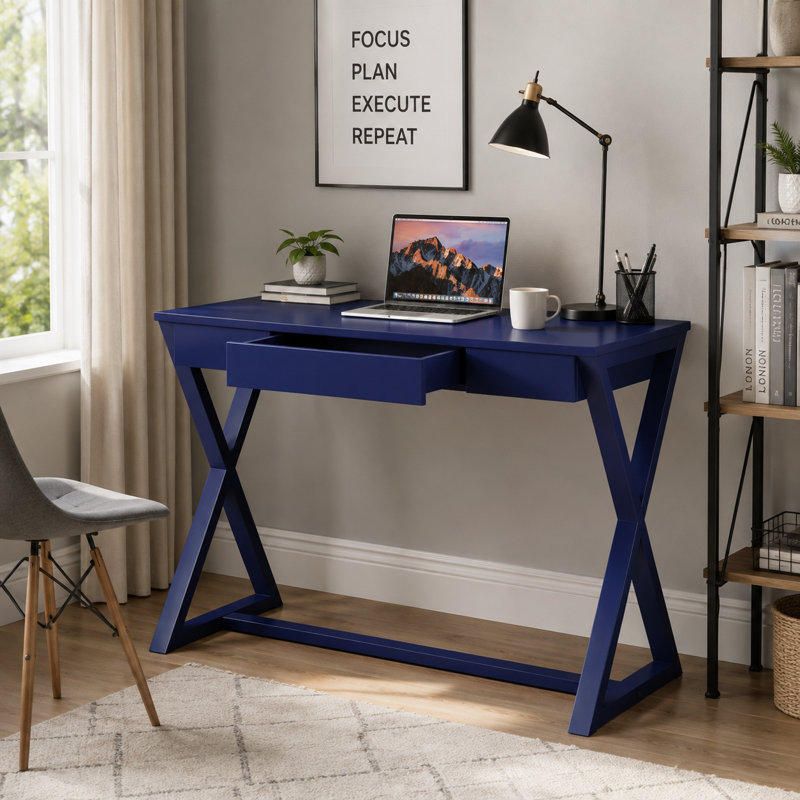 Bureau d'écriture en bois aggloméré de 42 po avec base en X en peuplier et rangement.   