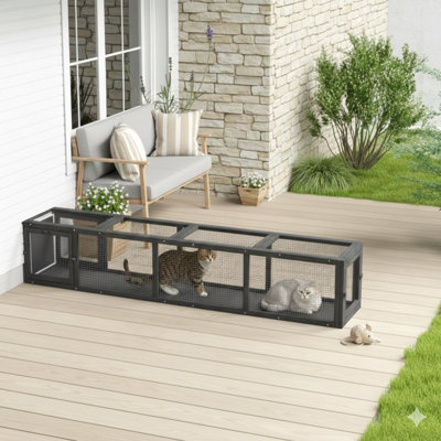 Tunnel d'extérieur pour chat doté d'une conception extensible, d'une piste en bois pour chat de 79 pouces de long avec protection résistante aux intempéries, conçu pour relier les espaces intérieurs et extérieurs, adapté aux terrasses, patios et balcons, finition gris foncé