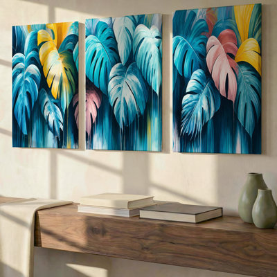 3 Pieces Exculisive Teal Blue and Yellow Monstera Leaves Large Wall Art Tropical Panoramic Canvas, Canvas Decor for Living Room, Bedroom and Office