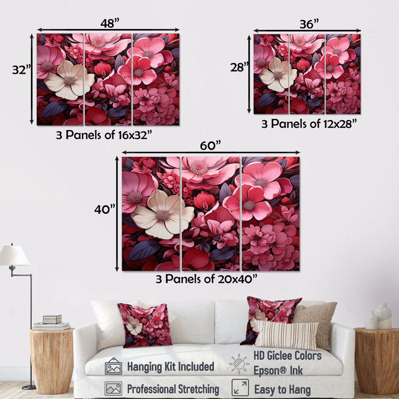 «Pink Twilight Poppies Glow Collage» - Art mural coquelicots, Toile tendue, H 28 po x l 36 po x P 1 po