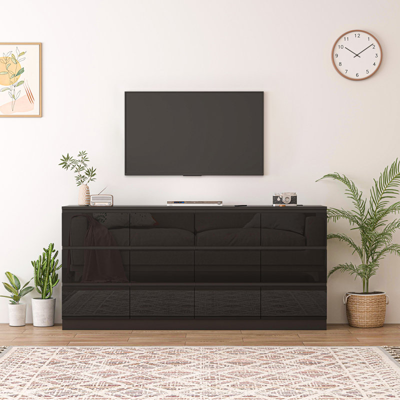70 Inch 9 Drawers Dresser With Power Outlet, Wide High Gloss Chest Of Drawers Large, Modern Storage Drawer Dresser For Bedroom