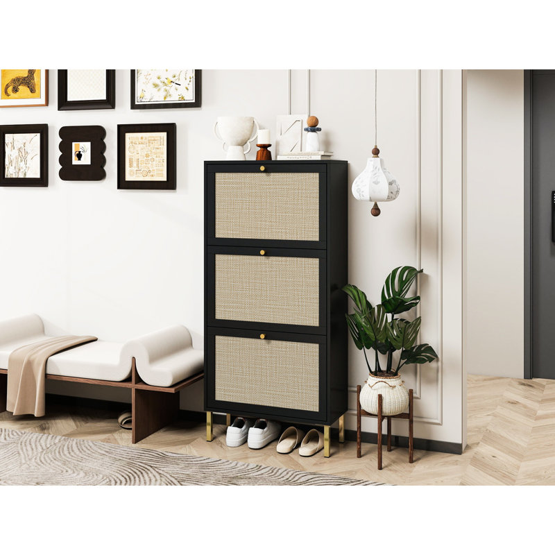 3 Door Shoe Storage Unit, Freestanding Modern For Entryway, 44Lb Load, Natural & Spandex, -Proof, Delicate Finish, Gold Handle, Double Shelf, Metal Base With Slip Pads, Black, Particle Board, Simple