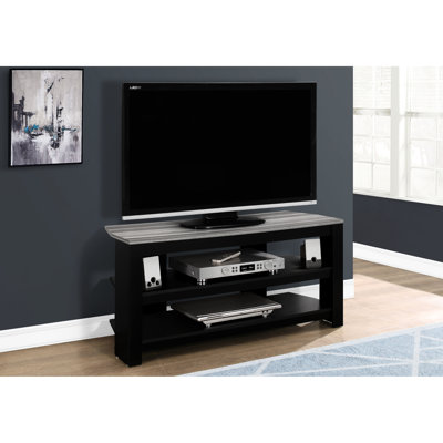Meuble télé 42 po avec rangement, fonctionnel pour la chambre à coucher - stratifié noir et gris, meuble multimédia à structure moderne, tablettes de divertissement et gris, chic