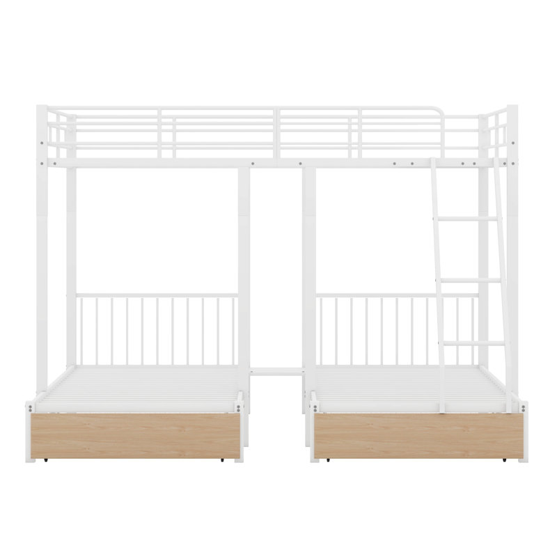 Full Over Twin & Twin Bunk Bed, Metal Triple Bunk Bed With Drawers And Guardrails, White