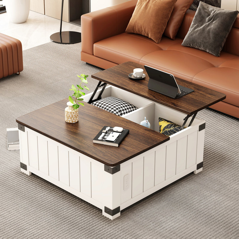 White and Brown Square Lift-Top Coffee Table with Storage