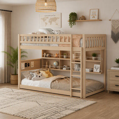 Twin XL over Twin XL Bunk Bed with Integrated Shelving, Colour-Changing Lights and Pegboard, Beige