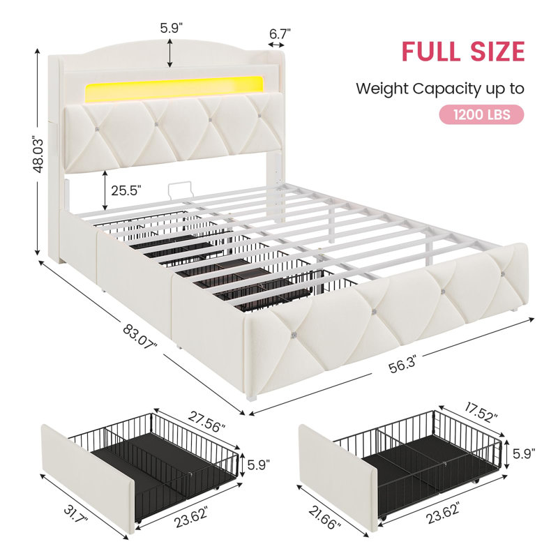 Full-Size Led Bed Frame With 3 Extra-Large Storage Drawers, Padded Storage Headboard With Power Outlet, Velvet Princess Castle Platform Bed, Sturdy Metal Frame, Beige.