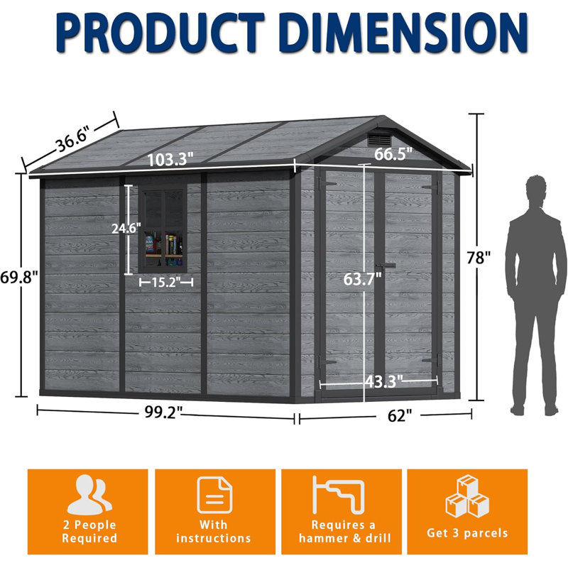 8.7x5.5 Ft Resin Storage Shed, Weather-resistant Outdoor Storage Shed With Floor Included, Black