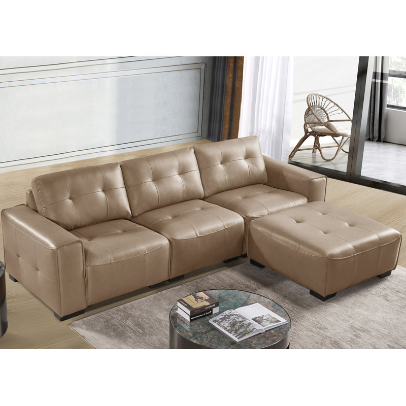4 Piece Modular Pu Leather L-shape Couch With Ottoman, Light Brown Faux Leather
