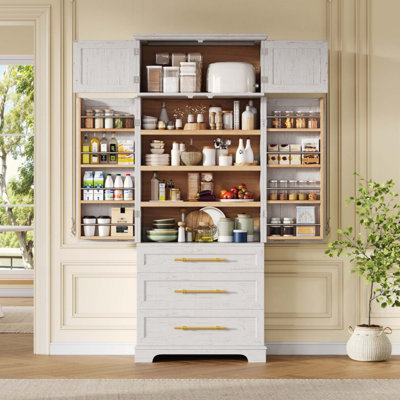 Armoire de cuisine Farmhouse avec 8 portes, armoire de rangement avec 3 tablettes réglables, 3 grands tiroirs, armoire polyvalente pour la cuisine, la salle à manger et la salle de bain