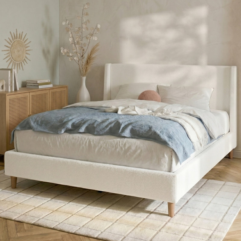 Modern Upholstered Platform Bed with Wingback Headboard and Walnut Wooden Legs, No Box Spring Needed, Ivory Boucle, Queen