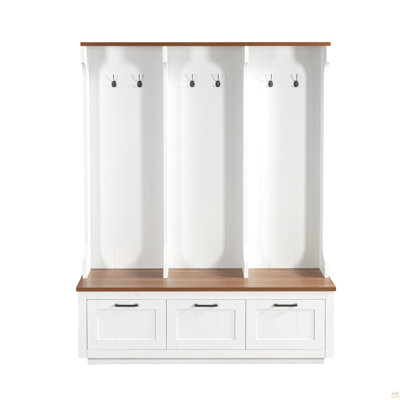 59.1''W Hall Tree with Bench and Shoe Storage, 4-in-1 Entryway Organizer with Coat Rack, 3 Large Drawers, Open Storage Shelves & Hooks, Farmhouse Entryway Furniture for Mudroom, Living Room