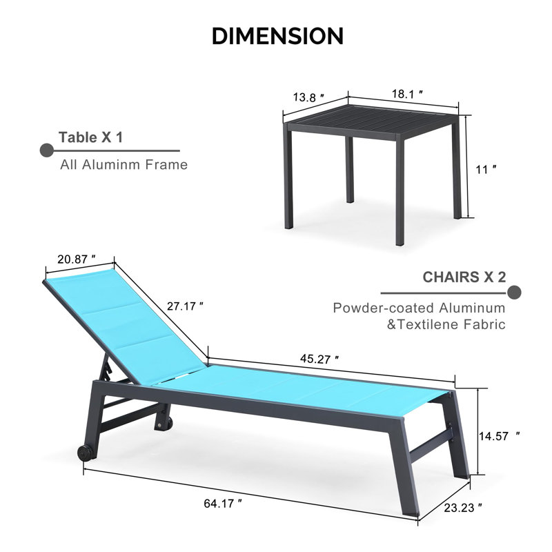 PURPLE LEAF Outdoor Chaise Lounge Set of 2 Aluminum Patio Lounge Chair with Wheels and Side Table Pool Chaise Lounge Chair for Outdoor Backyard Poolside Turquoise Blue