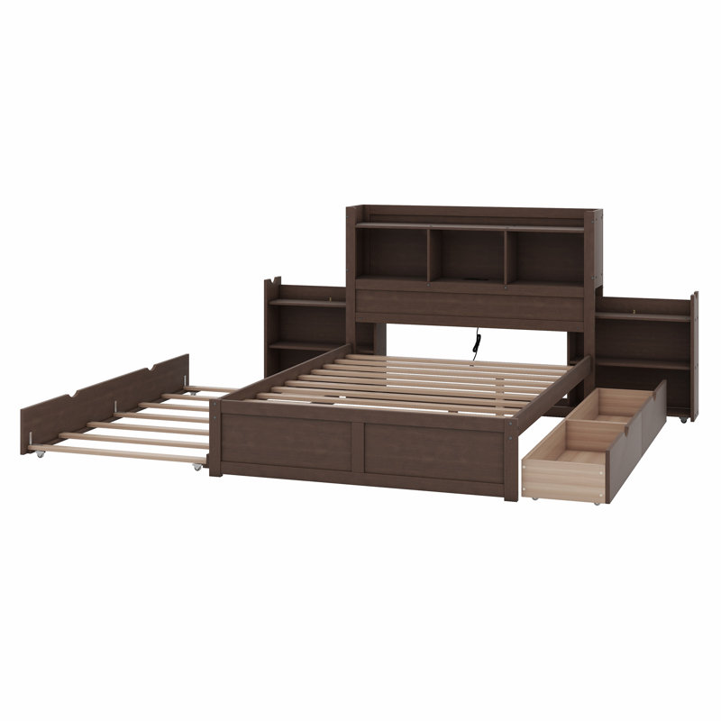 Lit plateforme avec rangement et tablettes coulissantes, lit gigogne et tiroirs, Espresso