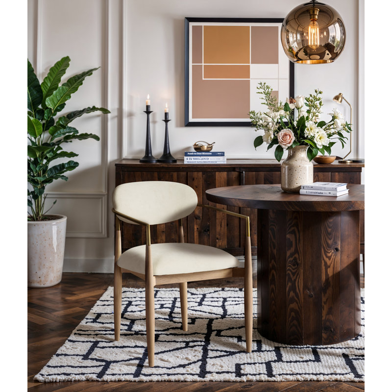 Riccio Performance Fabric Upholstered Dining Arm Chair, Cream, Stained Natural / Brushed Brass