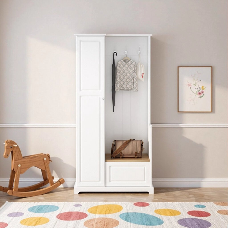 Modern Minimalist Hall Tree with Flip-Up Storage Bench, 3 Hanging Hooks & Adjustable Shelves for Entryway/Mudroom, White