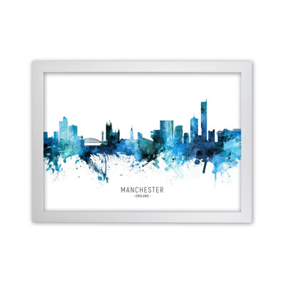 Manchester England Skyline Blue City Name by Michael Tompsett - Print