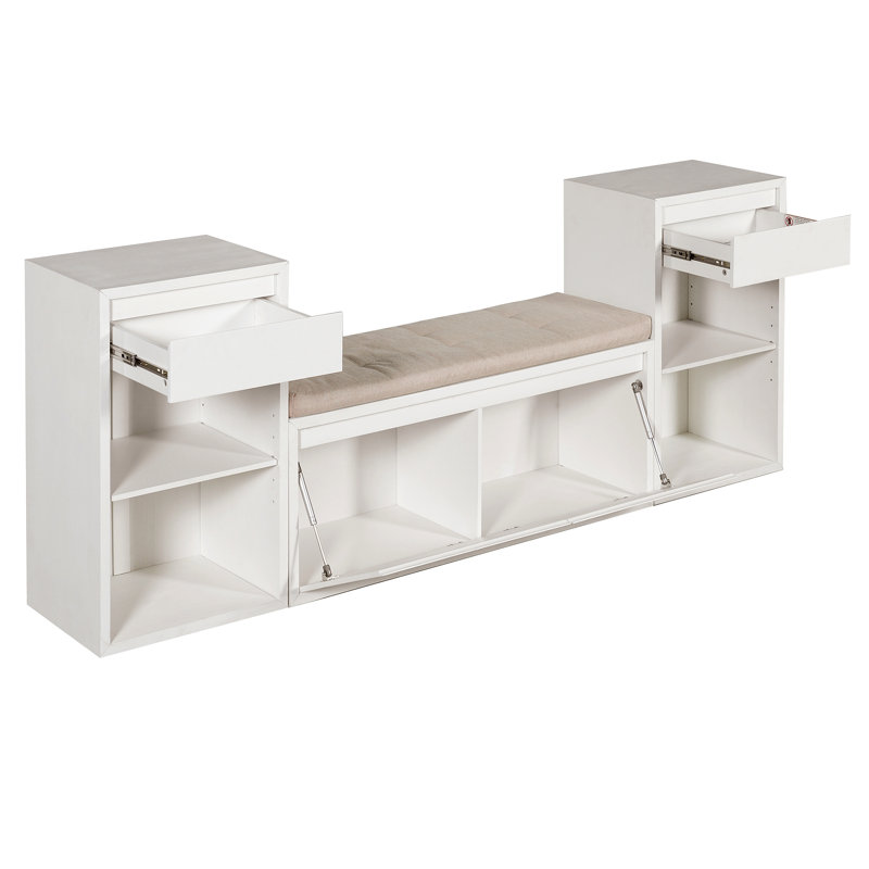 Banc de rangement tout-en-un avec coussin, compartiments, tiroirs et tablettes ouvertes, banc de rangement, White