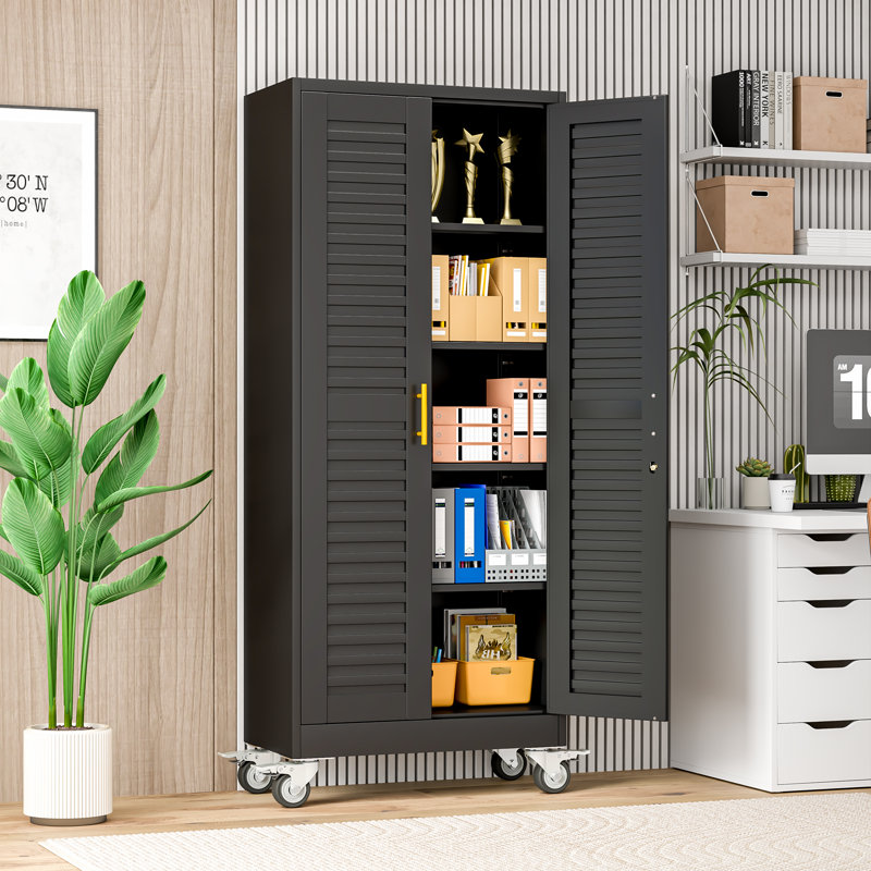 71" H Metal Garage Storage Cabinet with Wheels and Adjustable Shelves, 71"H Black