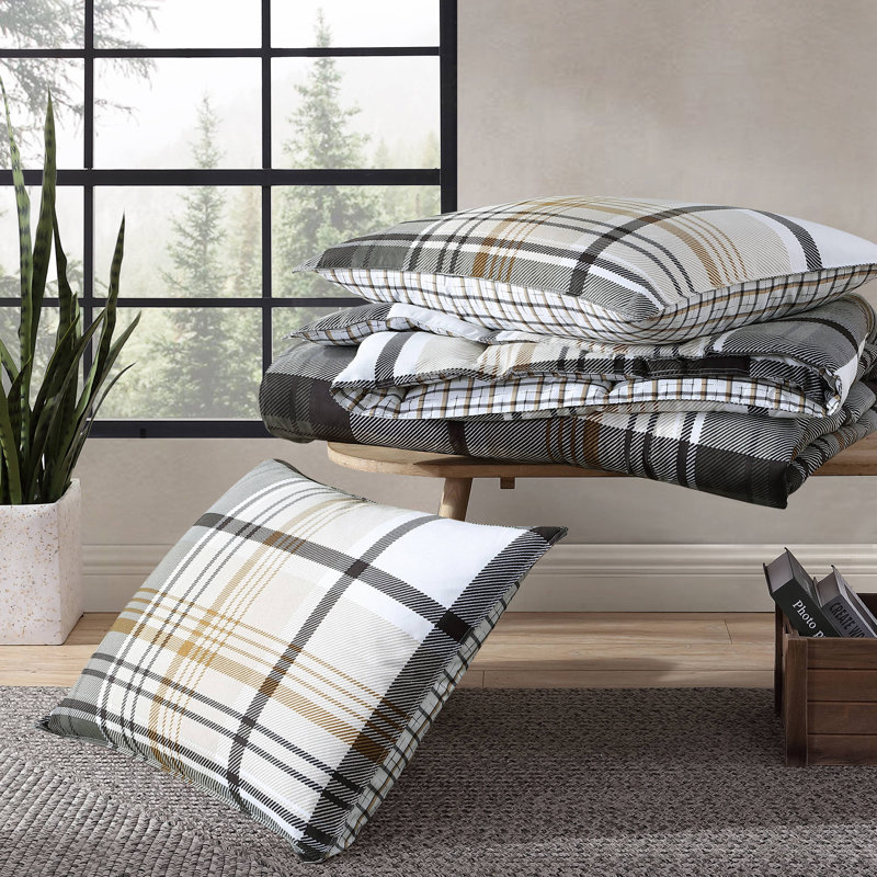 Twin Black and Tan Plaid Reversible Comforter Set