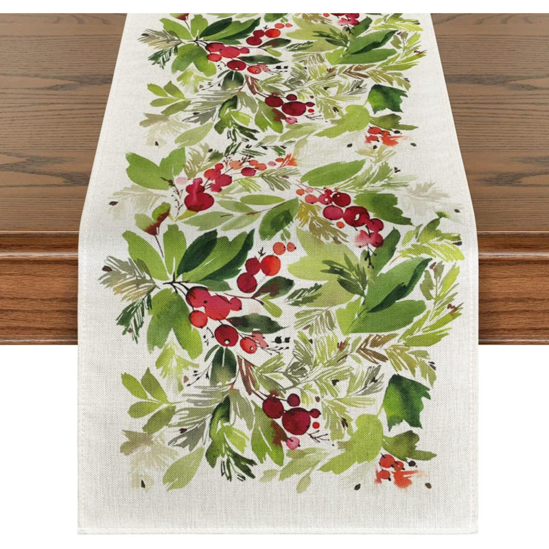 Chemin de table aquarelle houx de Noël, décoration de table de salle à manger des fêtes, L 13 po x l 48 po
